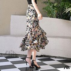 Zlily - Floral Oil Painting Mermaid Skirt: High-Waisted, Asymmetric, Bodycon, Chiffon, with a Side Split Elegant Midi Skirt, Faux Leather Midi Skirt, Faux Leather Pencil Skirt, Chiffon Maxi Skirt, Plaid Pleated Skirt, Fishtail Skirt, Painting Floral, Leather Midi Skirt, Floral Oil