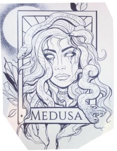 a drawing of a woman's face with the words medusa on it and an image of a snake