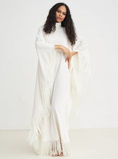 LIMITED EDITION Model Height: 177 CM 100% Polyester Length : 130cm With out fringe Long Sleeve Maxi Dress With Tassels For Party, Party Long Sleeve Maxi Dress With Tassels, White Maxi Dress With Tassels, Long Sleeve Fringe Dress For Fall, White Maxi Dress With Long Sleeves And Tassels, White Long Sleeve Maxi Dress With Tassels, Spring Maxi Dress With Fringe, Elegant Long Sleeve Maxi Dress With Tassels, Elegant Long Maxi Dress With Tassels