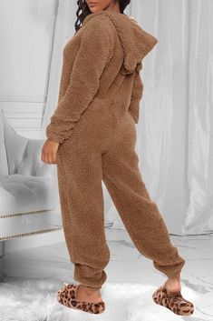 Kawaii Pajamas, Brown One Piece, Fuzzy Hoodie, Collar Jumpsuit, Cute Pjs, Solid Jumpsuit, Pajama Outfits, Plus Size One Piece