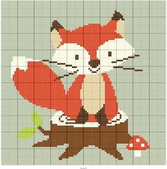 a cross stitch pattern with a red fox sitting on top of a tree stump and mushroom