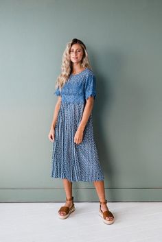 Flowy Short Sleeve Dress With Pleated Sleeves, Flowy Dress With Pleated Short Sleeves, Spring Brunch Dress With Lace Bodice, Flowy Lace Patchwork Dress For Brunch, Spring Midi Lace Dress With Lace Sleeves, Spring Lace Dress With Lace Sleeves, Midi Length, Modest Midi Dress With Lace Trim, Elegant Flowy Dresses With Lace Patchwork, Spring Midi Dress With Lace Top