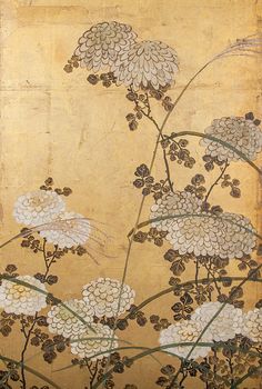 Detail. Japanese 6 Panel Screen: White Chrysanthemums and Wild Grasses on gold leaf. Japan c. 1850 Gold Mirror Decor, Black White Gold Decor, Gold White Decor, Chrysanthemum Painting, Gold Things, Imperial Japan, White And Gold Decor, Gold Room Decor, Japanese Chrysanthemum