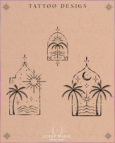 the front cover of tattoo design, featuring palm trees and an open window with a star above