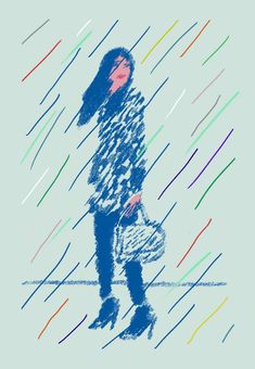 a drawing of a woman walking in the rain