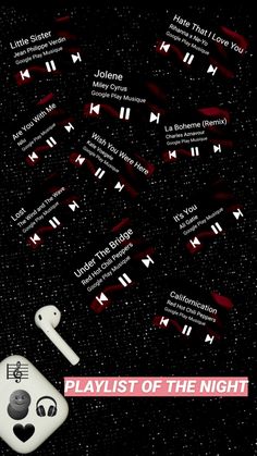 an advertisement for the playlist of the night, with music notes and headphones