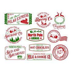 various christmas labels and stickers on a white background