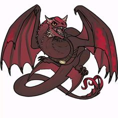 a drawing of a red dragon with large wings and fangs on it's back