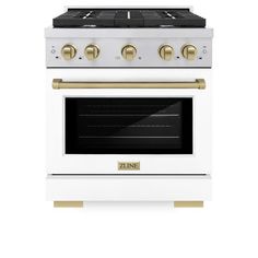 a white stove with gold trim and two burners on the front, against a white background