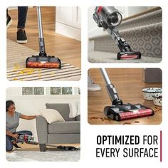 four different views of the same person using a vacuum to clean their living room floor