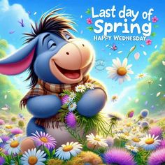 a cartoon character with flowers in his hand and the words, last day of spring happy wednesday