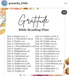 a bible reading plan with flowers in the middle and words above it that say, grateful