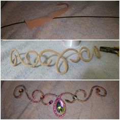 three different images of some type of crafting item on the floor, including scissors and beads