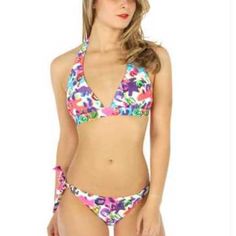 Abstract Halter Wide Band Bikini Halter Top Self Tie Strings At Back, Double Layered For Extra Durability, Wide Band For Extra Support, Self Tie Wide Side Strings On Bottom, Removable Padded Cups Casual Purple Swimwear With Triangle Top, Multicolor Tie-side Halter Top For Beachwear, Beach Crop Top Halter With Built-in Bra, Beachwear Halter Top With Built-in Bra, Beach Halter Top With Built-in Bra And V-neck, Adjustable Multicolor Tie-side Swimwear Bottom, Wide Bands, Double Layer, Halter Top