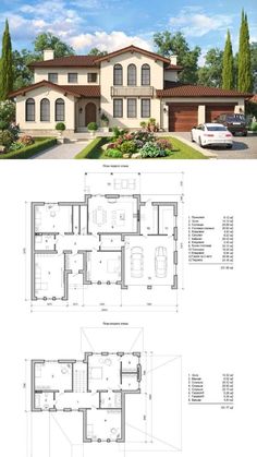 two story house plans with garage and living room in the middle, one bedroom on each floor