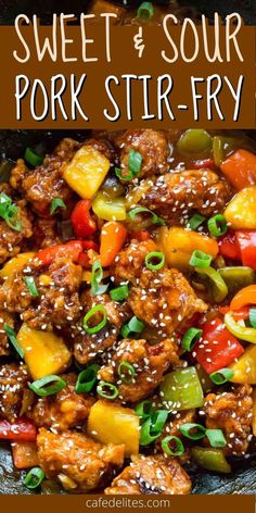 sweet and sour pork stir fry in a skillet