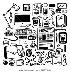 various office supplies arranged in the shape of a letter fo news paper clipart