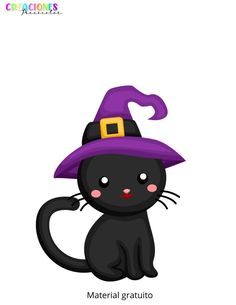 a black cat wearing a witches hat with the words material gratuto on it