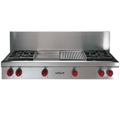 a stainless steel stove top with four burners and red knobs on the side