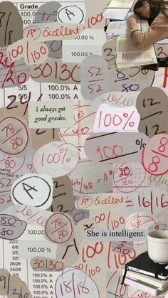 a collage of paper with numbers and symbols on it, including one woman sleeping