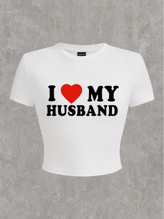 Casual 'I Love My Boyfriend' Heart Pattern Short Sleeve T-Shirt, Summer And Valentine's Day, Slim Fit For Women, I Love My Husband White Casual  Short Sleeve Knitted Fabric Geometric,Heart,Letter,Slogan  Slight Stretch  Women Clothing, size features are:Bust: ,Length: ,Sleeve Length: I Love My Husband Tshirt, Husband Tshirt, I Love My Husband, Slim Fit Crop Top, Love My Boyfriend, Love My Husband, Elegant Dresses Long, My Boyfriend, Heart Patterns