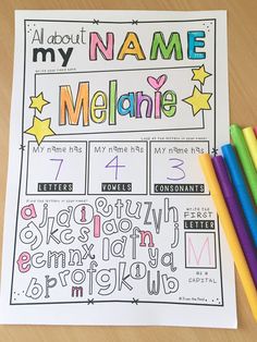 a coloring page with the name melane on it and colored pencils next to it