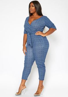 Plus Size Wrap Denim Jumpsuit | LIVD Apparel – L I V D Fashion Plus Size, Denim Jumpsuit, Mini Dresses, Curvy Fashion, Waist Tie, Plus Size Outfits, Two Piece Pant Set, Light Blue, Jumpsuit