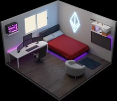 a room with a bed, desk and computer on the wall is shown in this 3d image