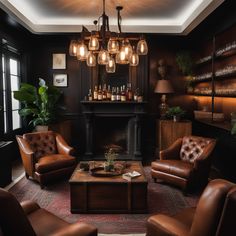 a living room filled with furniture and a fire place under a chandelier hanging from the ceiling