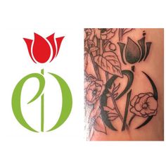 a tattoo with flowers on it and the letter d next to each other in green letters