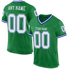 Order the jersey with special name & number you want from our shop, making a vibrant look on the field or daily life! Features: 1. Material: 100% Recycled Polyester-Body; 88% Nylon/12% Spandex-Neckline, Sides, Sleeves 2. Fit: Authentic jerseys have an athletic cut that fits snug in the chest and shoulders. 3. Stitched tackle twill name and numbers 4. Sublimated stripes on sleeves 5. Zone stretch fabric for enhanced movement; Tailored fit designed for movement 6. Moisture-wicking fabric has spong Affordable Green Collegiate Jersey, Affordable Green Jersey With Letter Print, Sporty College Jersey With Name Print, Cheap Green Letter Print Jersey, Collegiate Team-colored Jersey With Name Print, Collegiate Jersey With Team Colors And Name Print, Varsity Football Season Jersey, Varsity Jersey For Football Season, College Sportswear Jersey With Team Name