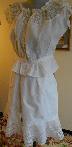 "1890's-1900, one size drawer string bloomers, of white lawn cotton. The legs are wide with four rows of narrow pin tucks at bottom of leg, and deep lace flounces under pin tucks. Front of bloomers are flat at waist, back has drawer string gathers at waist band. Measurements: waist one size hips 36\" each leg 28\" wide waist to hem 15\" flounce 36\" wide Condition: excellent" Summer Ruffled Bloomers For Daywear, Daywear Cotton Bloomers With Ruffles, Cotton Bloomers With Ruffles For Daywear, White Cotton Cottagecore Bottoms, Vintage White Bottoms For Daywear, Womens Lingerie, Wide Waist, Pin Tucks, Women Lingerie