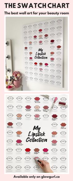 the swatch chart for lipstick collection is shown in three different colors and font options