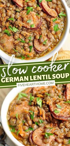 two bowls filled with stew and shrimp on top of a wooden table next to bread