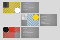 four business cards with different colors and patterns