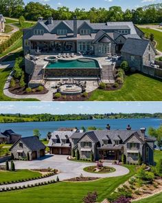 this is an aerial view of a large house with a pool in the front yard