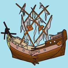 an image of a boat that is floating in the water with crosses on it's sails