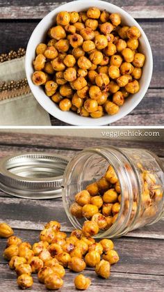 the ingredients to make roasted chickpeas are shown in bowls and on top of each other