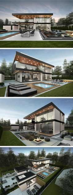 three different views of a modern house in the middle of some trees and grass,