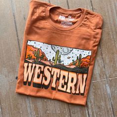 Harvest Orange Western Moon Tee graphic tee - dropship thelattimoreclaim Modest Summer Outfits Western, Ranching Life, Western Tee Shirts, Western Tshirts, Summer Cowgirl, Modest Mom, Charlie 1 Horse Hat, Typography Tshirt Design, Cloth Ideas