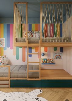 a child's bedroom with bunk beds and colorful wallpaper