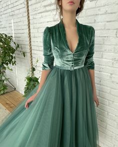 Velvet Enchanted Forest Gown - Teuta Matoshi Green Velvet Dress For Fall, Green Velvet Fall Dress, Elegant Green Velvet Dress For Fall, Green Velvet Dress For Wedding, Green Fitted Velvet Evening Dress, Green Velvet Dress For Winter, Winter Green Velvet Dress, Fitted Green Velvet Dress, Green Maxi Evening Dress For Winter