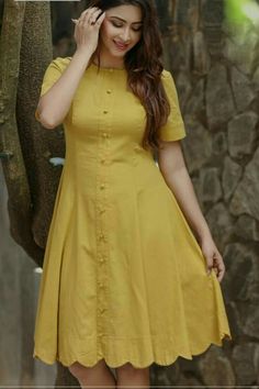 Knee Length Frock Design, Mustard Yellow Dress Outfit Casual, Sleeves For Frocks, Chikenkari Dress Ideas Frock, Button Kurti Design, Front Button Kurti Design, Different Kurti Designs, Linen Frock Design, Frock Designs For Girl Casual