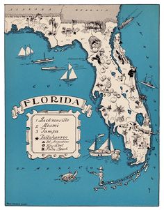 an old florida map is shown in blue and white with boats floating on the water