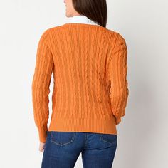 This St. John's Bay women's pullover sweater is a must-have piece for cooler days. It's made from a soft cotton-blend cable knit in a regular-fit with a classic crew neckline, long sleeves, and ribbed trim. Wear it with jeans and loafers for a sharp, everyday look.Features: EssentialsClosure Type: Pullover HeadFit: Regular FitNeckline: Crew NeckSleeve Length: Long SleeveSleeve Style: Fitted SleeveApparel Length: 24.5 Inches - Back, 25 Inches - FrontFiber Content: 88% Cotton, 12% NylonFabric Des… Preppy Cotton Sweater For Winter, Preppy Knit Sweater For Fall, Crew Neck Cable Knit Top For Cold Weather, Cable Knit Crew Neck Top For Cold Weather, Winter Cotton Cable Knit Polo Sweater, Winter Cotton Polo Sweater, Cozy Long Sleeve Cable Knit Polo Sweater, Long Sleeve Cable Knit Polo Sweater, Cable Knit Long Sleeve Polo Sweater