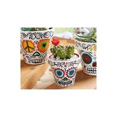 three decorated pots with plants in them on a table