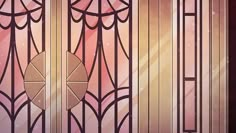 an art deco glass door with decorative designs on the front and side panels in pink tones