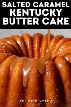 a bundt cake with caramel sauce drizzled on top