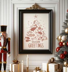 a nutcracker standing in front of a christmas tree next to presents and candles