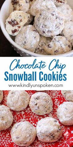 chocolate chip snowball cookies on a red and white plate